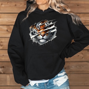 Felpa con cappuccio tigre arrabbiata, felpa con cappuccio tigre, felpa con cappuccio grande felino, maglione fauna selvatica, felpa con cappuccio animale, felpa con cappuccio selvaggia, maglione per amanti della natura, regalo per amanti delle tigri