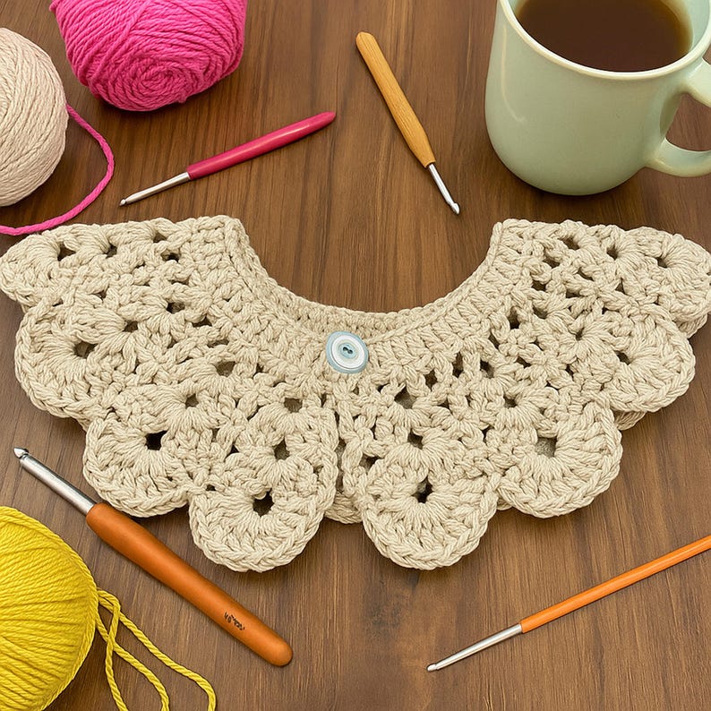 Puede incluir: Un cuello de ganchillo beige con un borde festoneado y un bot&oacute;n azul claro. La imagen tambi&eacute;n muestra ganchillos, hilo en rosa y amarillo, y una taza de t&eacute;, lo que sugiere un tema artesanal.