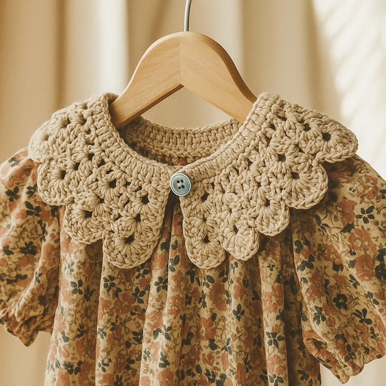 Puede incluir: Vestido con estampado floral y cuello de ganchillo. El vestido presenta un cuello de ganchillo color beige con borde festoneado y cierre de bot&oacute;n peque&ntilde;o. El vestido tiene mangas cortas y un estampado floral en tonos marrones y naranjas.