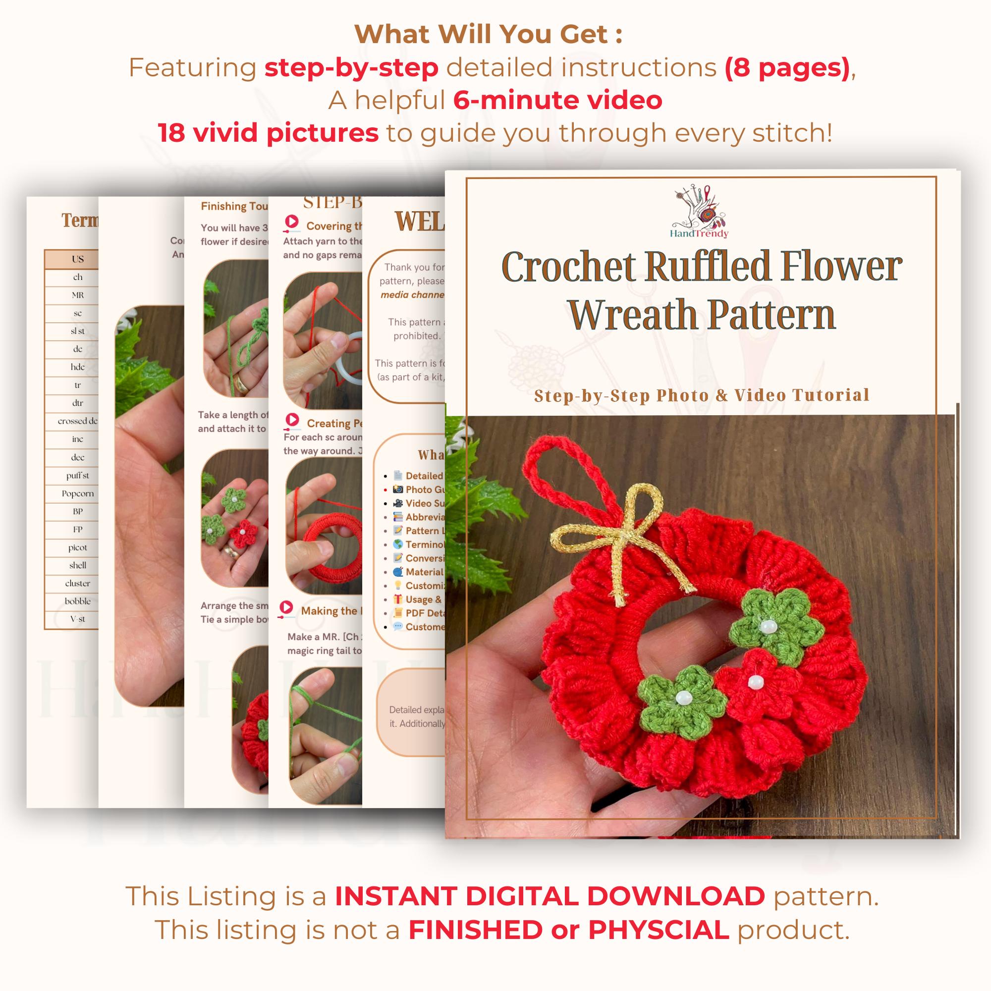 Crochet Ruffled Flower Wreath Pattern, DIY Red Christmas Ornament PDF ...