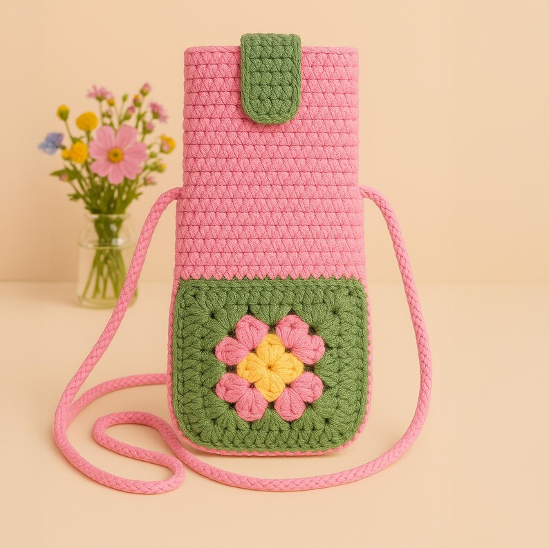 Granny Square Flower Crochet Phone Bag PDF Pattern – Cute Pink Green Crossbody Pouch Tutorial – DIY Floral Mobile Purse Pattern