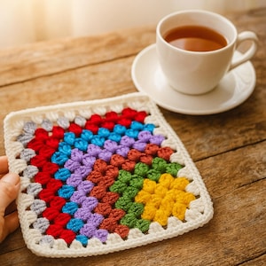 Może przedstawiać: Kolorowa, kwadratowa podkładka z szydełka z białym obramowaniem. Podkładka ma żywy wzór z czerwieni, błękitu, fioletu, zieleni i żółci. Biała filiżanka i spodek stoją na drewnianej powierzchni obok podkładki.