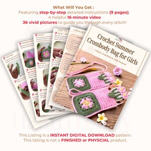 Granny Square Flower Crochet Phone Bag PDF Pattern – Cute Pink Green Crossbody Pouch Tutorial – DIY Floral Mobile Purse Pattern