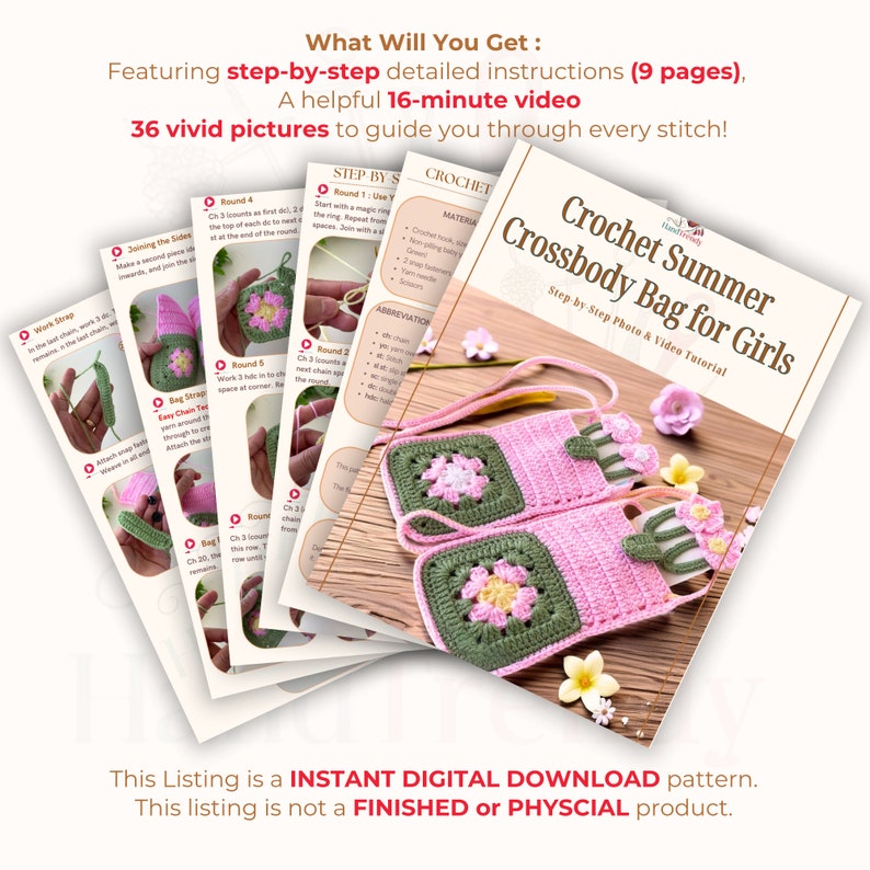 Granny Square Flower Crochet Phone Bag PDF Pattern – Cute Pink Green Crossbody Pouch Tutorial – DIY Floral Mobile Purse Pattern