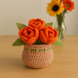 Crochet Flower Basket PDF Pattern, Amigurumi Floral Arrangement, DIY Crochet Home Decor, Handmade Rose Bouquet Tutorial