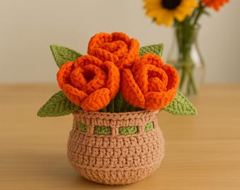 Crochet Flower Basket PDF Pattern, Amigurumi Floral Arrangement, DIY Crochet Home Decor, Handmade Rose Bouquet Tutorial