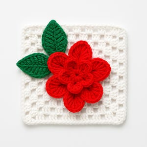 3D Crochet Granny Square Pattern PDF with Red Textured Bloom, DIY Afghan Blanket Motif, Instant Digital Download