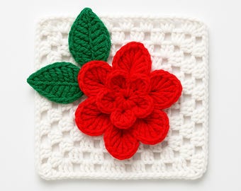 3D Crochet Granny Square Pattern, Red Bloom Floral Afghan Motif (PDF Pattern)