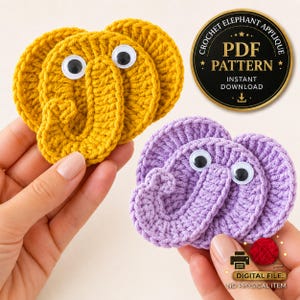 Crochet Elephant Applique Pattern, DIY Animal Motif (PDF Download)