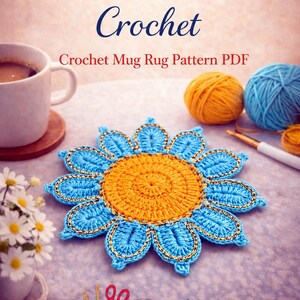 Crochet Flower Coaster Pattern PDF, Blue Petal Mug Rug Design, Handmade Cup Mat Tutorial, English & German image 18
