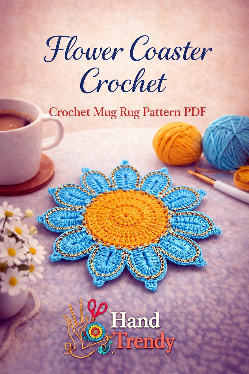 Crochet Flower Coaster Pattern PDF, Blue Petal Mug Rug Design, Handmade Cup Mat Tutorial, English & German image 18