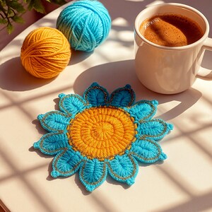 Crochet Flower Coaster Pattern PDF, Blue Petal Mug Rug Design, Handmade Cup Mat Tutorial, English & German image 3