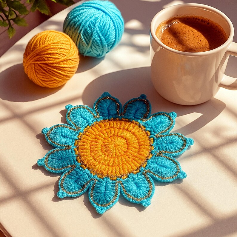Crochet Flower Coaster Pattern PDF, Blue Petal Mug Rug Design, Handmade Cup Mat Tutorial, English & German image 3