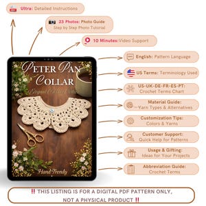 Puede incluir: Patr&oacute;n PDF digital para un elegante cuello Peter Pan de ganchillo. La imagen muestra una tableta que muestra el patr&oacute;n, con instrucciones detalladas, gu&iacute;as fotogr&aacute;ficas y soporte de video. Incluye terminolog&iacute;a estadounidense, tabla de t&eacute;rminos de ganchillo y consejos de personalizaci&oacute;n.