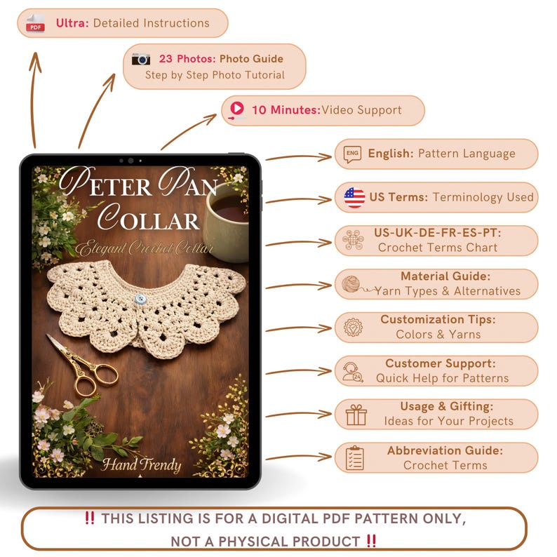 Puede incluir: Patr&oacute;n PDF digital para un elegante cuello Peter Pan de ganchillo. La imagen muestra una tableta que muestra el patr&oacute;n, con instrucciones detalladas, gu&iacute;as fotogr&aacute;ficas y soporte de video. Incluye terminolog&iacute;a estadounidense, tabla de t&eacute;rminos de ganchillo y consejos de personalizaci&oacute;n.