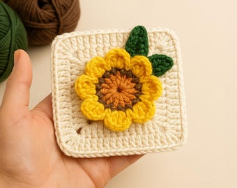 Sunflower Granny Square Crochet Pattern PDF, 3D Floral Afghan Block, DIY Blanket Motif, Handmade Crochet Square, Instant Download Pattern