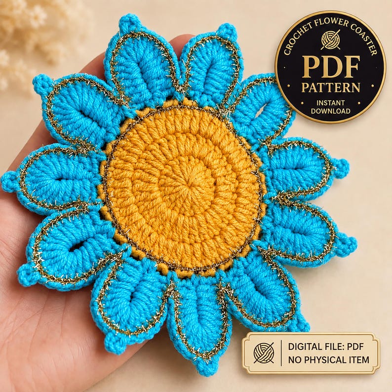 Crochet Flower Coaster Pattern PDF, Blue Petal Mug Rug Design, Handmade Cup Mat Tutorial, English & German image 1