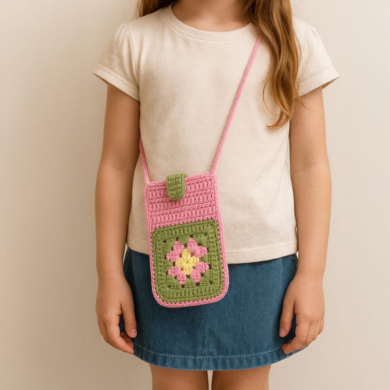 Granny Square Flower Crochet Phone Bag PDF Pattern – Cute Pink Green Crossbody Pouch Tutorial – DIY Floral Mobile Purse Pattern