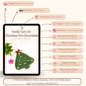 K&ouml;nnte beinhalten: Ein digitales PDF-Muster zum H&auml;keln einer nordischen Garnkunst-Weihnachtsbaumdekoration. Das Muster enth&auml;lt 8 Seiten mit detaillierten Anweisungen, 20 Fotos, ein 12-min&uuml;tiges Video-Tutorial und eine Material&uuml;bersicht.
