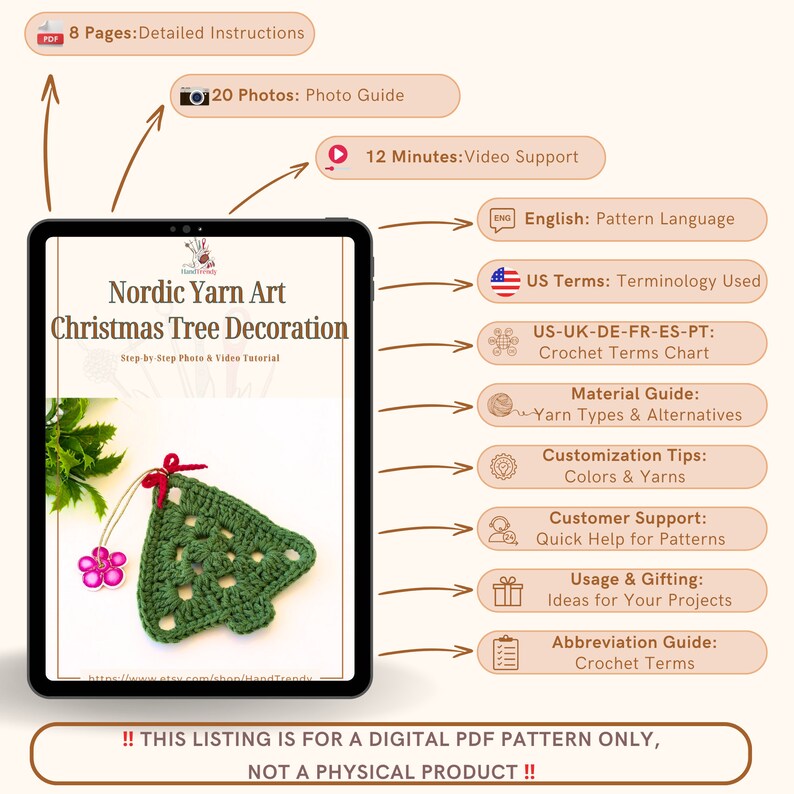 K&ouml;nnte beinhalten: Ein digitales PDF-Muster zum H&auml;keln einer nordischen Garnkunst-Weihnachtsbaumdekoration. Das Muster enth&auml;lt 8 Seiten mit detaillierten Anweisungen, 20 Fotos, ein 12-min&uuml;tiges Video-Tutorial und eine Material&uuml;bersicht.