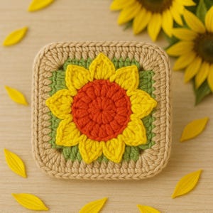 May include: A square, crocheted coaster with a sunflower design. It has a beige border, green background, and a yellow and orange sunflower in the centre. Yellow petals are scattered around the coaster.