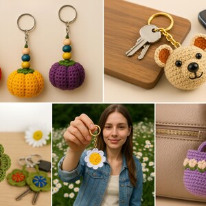 Puede incluir: Una colección de llaveros de ganchillo con varios diseños, incluyendo una calabaza, un oso, una flor y una cesta. Los llaveros están hechos con hilo de colores y están unidos a llaveros de plata.