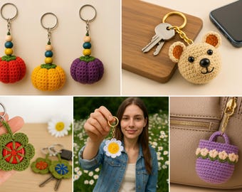 Crochet Charm Set PDF Bundle – 5 Cute Amigurumi Patterns: Pumpkin, Flower, Bear, Bag & Clover DIY Designs