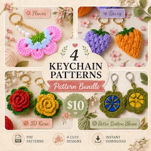 4 Crochet Keychain Patterns Bundle PDF Vol. 2, Floral & Berry Charm Set, Digital Download Pack
