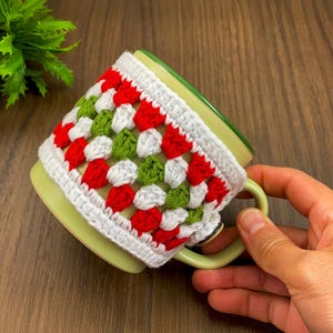 Christmas Crochet Mug Cozy Pattern PDF, Festive Red Green White Cup Cozy Pattern, Handmade Holiday Mug Cover, Crochet Cup Sleeve Tutorial