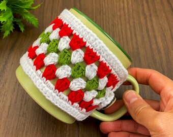 Christmas Crochet Mug Cozy Pattern PDF, Festive Red Green White Cup Cozy Pattern, Handmade Holiday Mug Cover, Crochet Cup Sleeve Tutorial