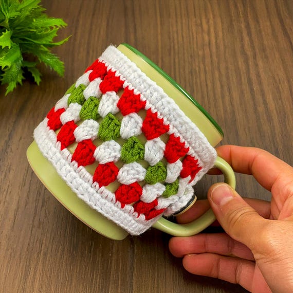 Christmas Crochet Mug Cozy Pattern PDF, Festive Red Green White Cup Cozy Pattern, Handmade Holiday Mug Cover, Crochet Cup Sleeve Tutorial