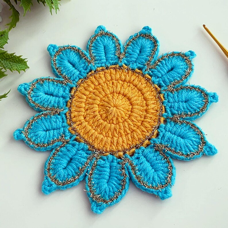 Crochet Flower Coaster Pattern PDF, Blue Petal Mug Rug Design, Handmade Cup Mat Tutorial, English & German image 14