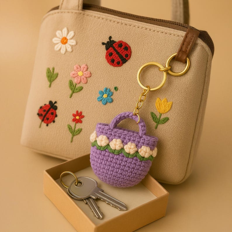 Floral Crochet Bag Keychain PDF Pattern – Mini Tulip Purse Keyring Tutorial (Digital Download) image 3