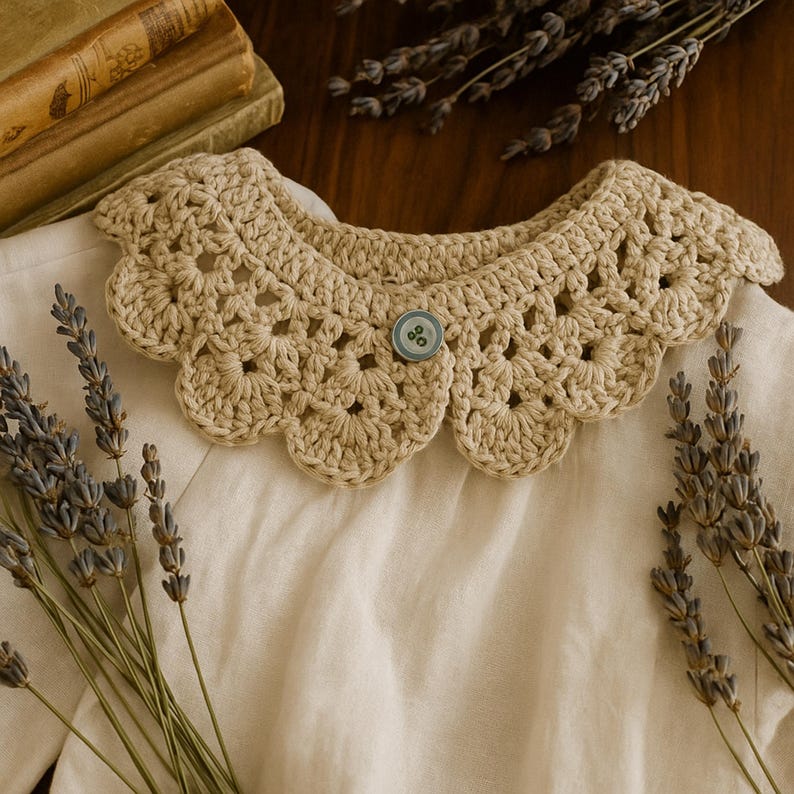 Puede incluir: Un cuello de ganchillo beige con un borde festoneado y un bot&oacute;n azul claro. El cuello se coloca sobre una prenda blanca, con ramitas de lavanda seca y una pila de libros en el fondo. El cuello est&aacute; hecho a mano.