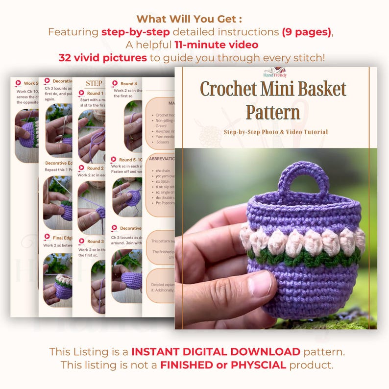 Floral Crochet Bag Keychain PDF Pattern – Mini Tulip Purse Keyring Tutorial (Digital Download) image 9