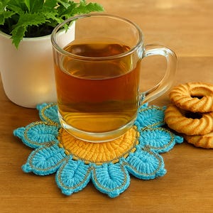Crochet Flower Coaster Pattern PDF, Blue Petal Mug Rug Design, Handmade Cup Mat Tutorial, English & German image 4