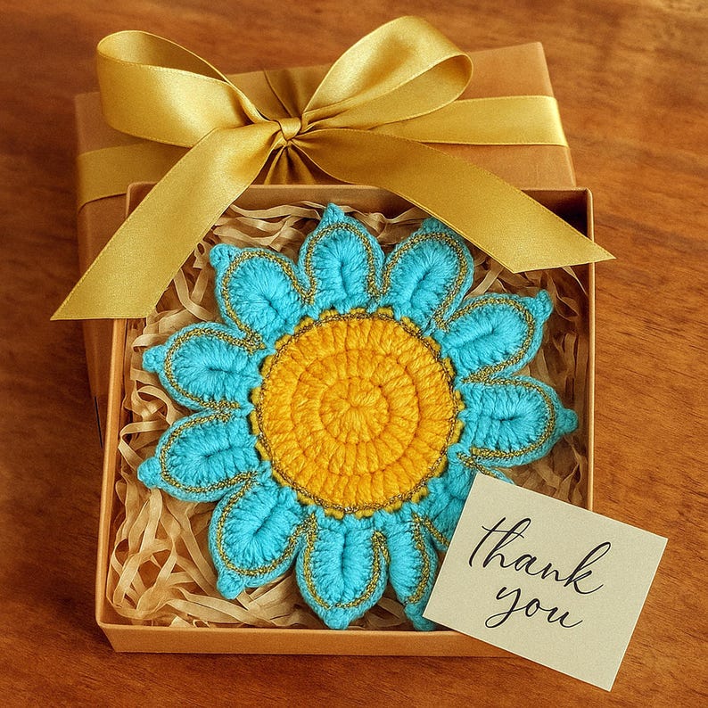 Crochet Flower Coaster Pattern PDF, Blue Petal Mug Rug Design, Handmade Cup Mat Tutorial, English & German image 8