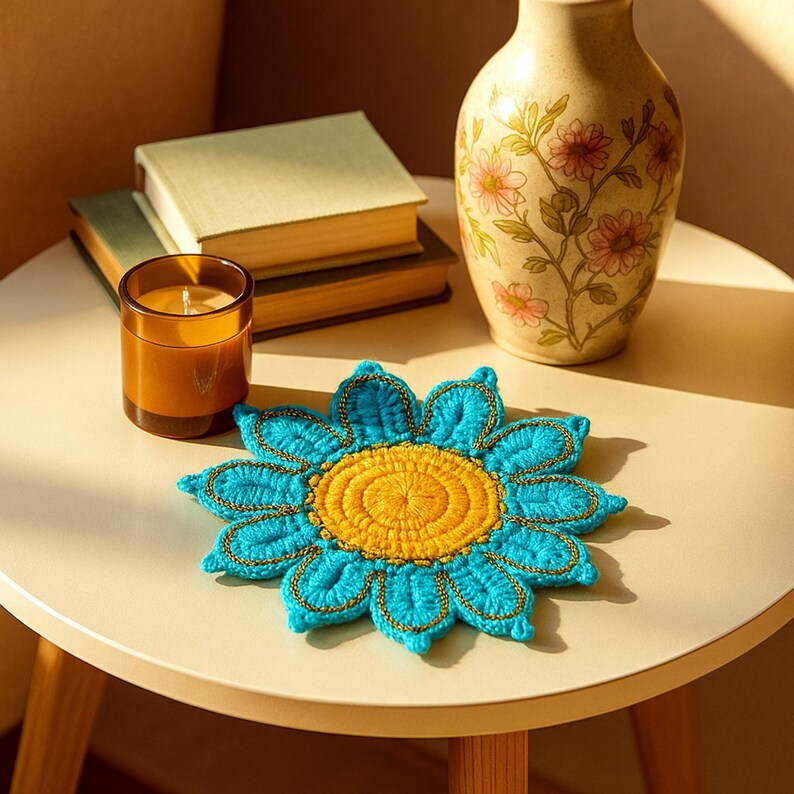 Crochet Flower Coaster Pattern PDF, Blue Petal Mug Rug Design, Handmade Cup Mat Tutorial, English & German image 17