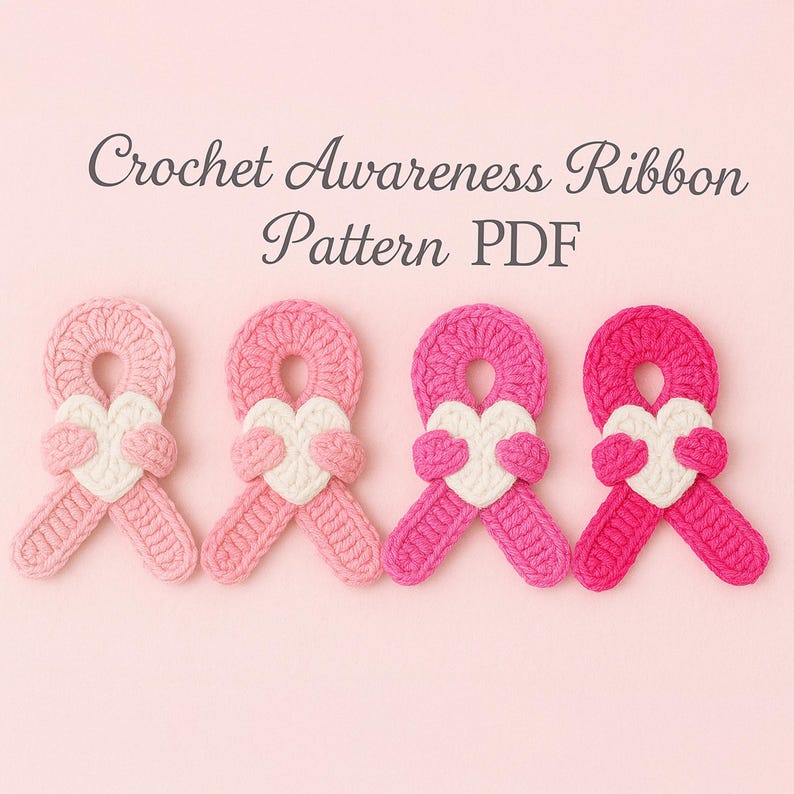 May include: Four crochet awareness ribbons in varying shades of pink, each with a white heart in the center. The ribbons are arranged in a row against a pink background. Text at the top reads "Crochet Awareness Ribbon Pattern PDF".