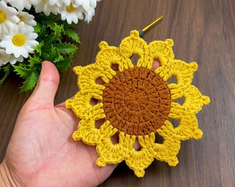Sunflower Crochet Coasters PDF Pattern — Floral Drink Coaster DIY Tutorial Digital Download