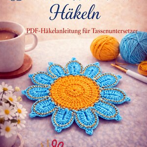 Crochet Flower Coaster Pattern PDF, Blue Petal Mug Rug Design, Handmade Cup Mat Tutorial, English & German image 11