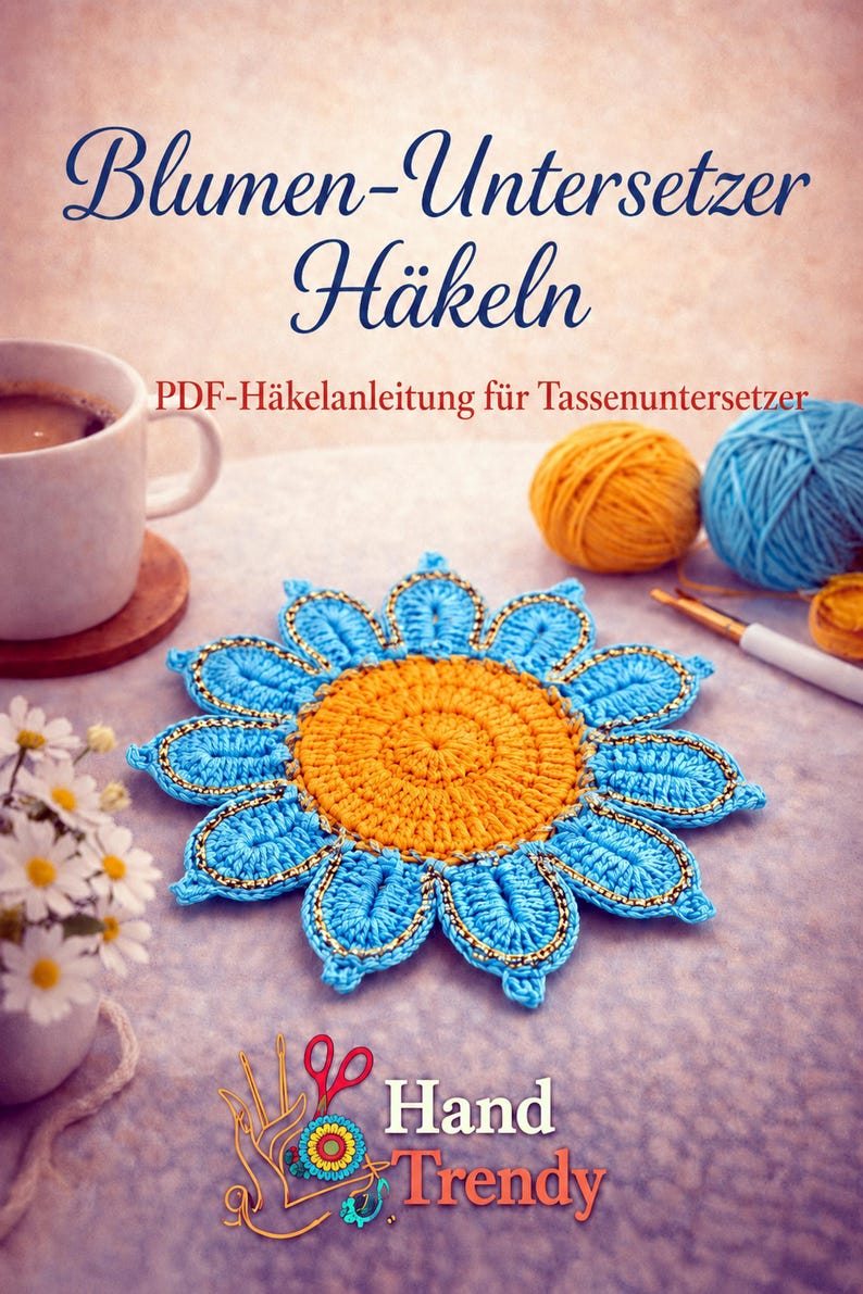 Crochet Flower Coaster Pattern PDF, Blue Petal Mug Rug Design, Handmade Cup Mat Tutorial, English & German image 11