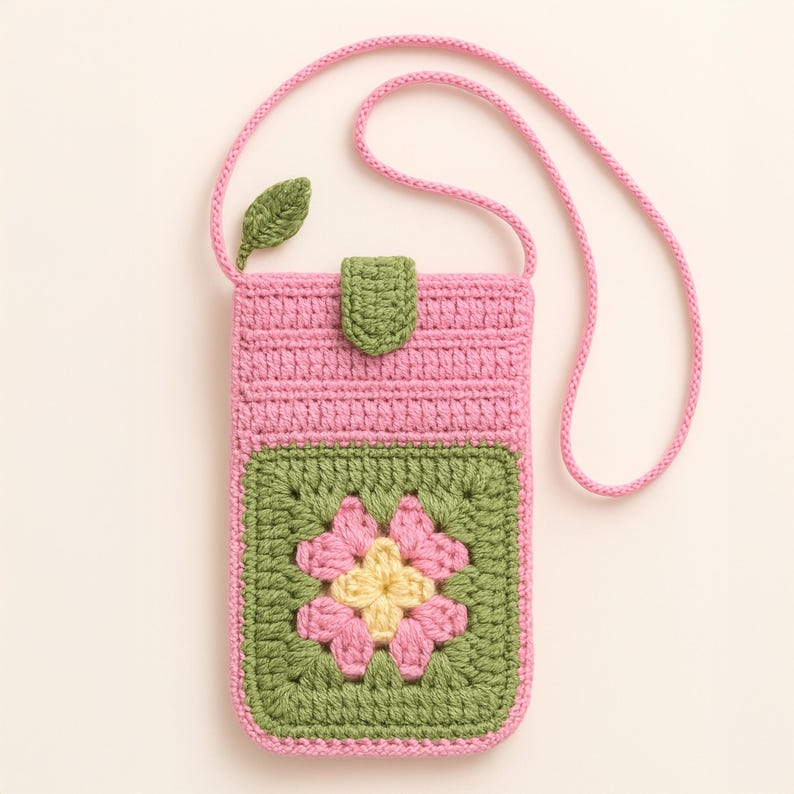 Granny Square Flower Crochet Phone Bag PDF Pattern – Cute Pink Green Crossbody Pouch Tutorial – DIY Floral Mobile Purse Pattern