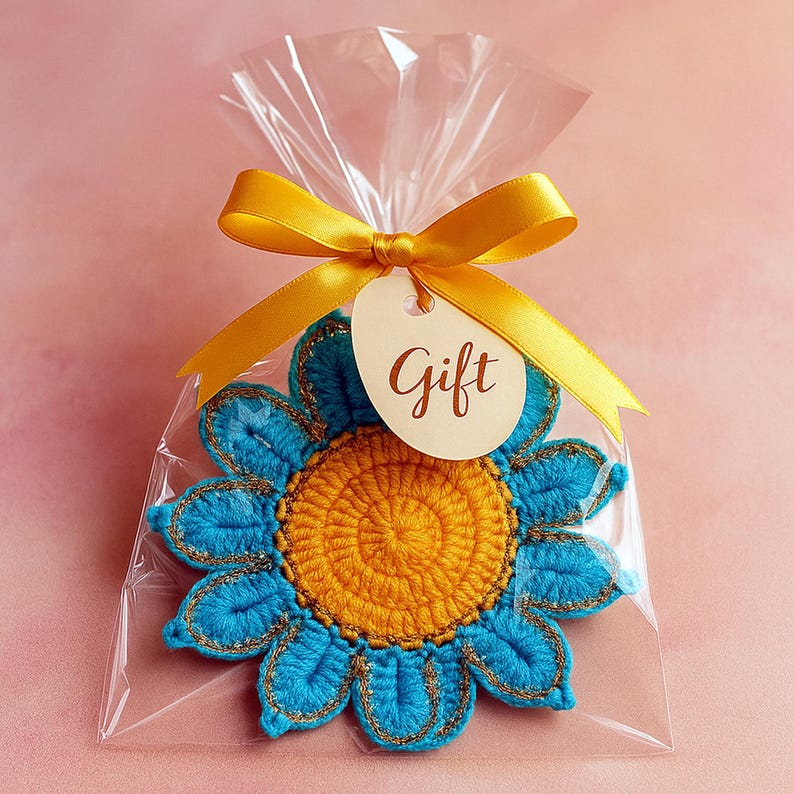 Crochet Flower Coaster Pattern PDF, Blue Petal Mug Rug Design, Handmade Cup Mat Tutorial, English & German image 7