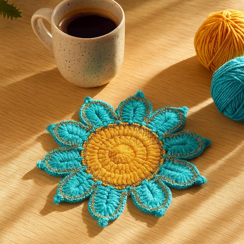 Crochet Flower Coaster Pattern PDF, Blue Petal Mug Rug Design, Handmade Cup Mat Tutorial, English & German image 5