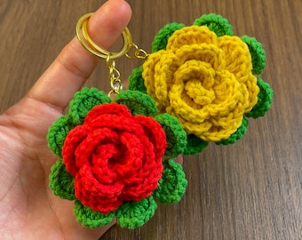 3D Crochet Rose Keychain Pattern, Floral Bag Charm DIY (PDF Pattern)