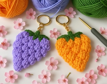 Crochet Berry Keychain PDF Pattern, Amigurumi Strawberry Keyring DIY Tutorial, Handmade Fruit Bag Charm Crochet Pattern Digital File