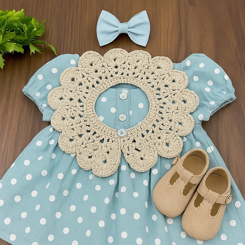 Puede incluir: Un conjunto de beb&eacute; con un vestido azul claro con lunares blancos, un cuello de ganchillo beige, un lazo a juego y zapatos Mary Jane beige. El vestido tiene mangas cortas y botones. El cuello de ganchillo tiene forma de flor.