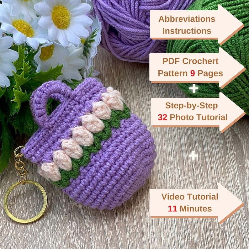 Floral Crochet Bag Keychain PDF Pattern – Mini Tulip Purse Keyring Tutorial (Digital Download) image 8