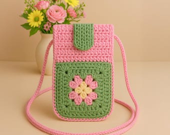 Granny Square Flower Crochet Phone Bag PDF Pattern – Cute Pink Green Crossbody Pouch Tutorial – DIY Floral Mobile Purse Pattern